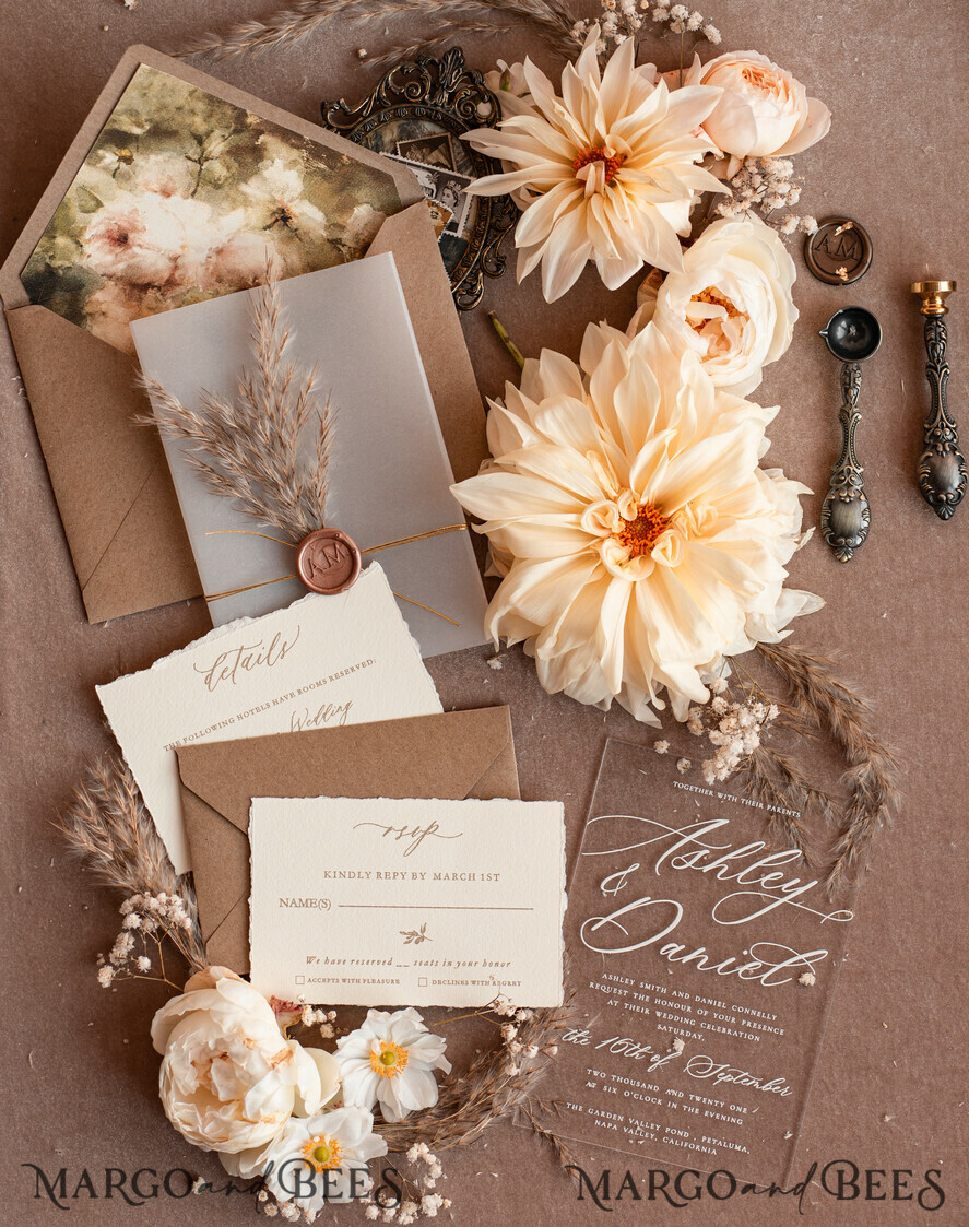 SAMPLING SERVICE samples Ivory Eco wedding Invitation Sample, handmade sample set, Boho Pampas wedding invitation samples, Acrylic invites sample set