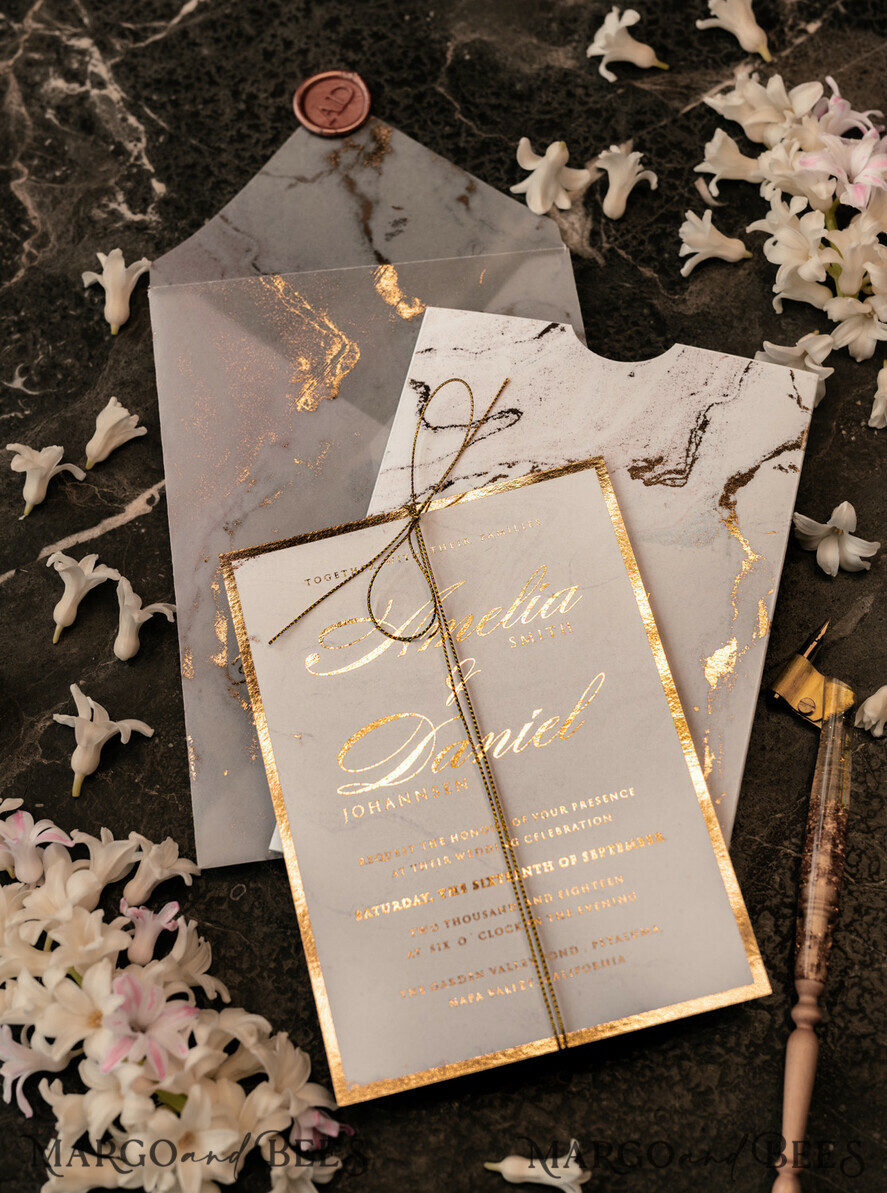 SAMPLING SERVICE samples Gold Marble wedding Invitation Sample, luxury handmade sample set, Gold Foil wedding invitation, pocket marble gold invites sample set