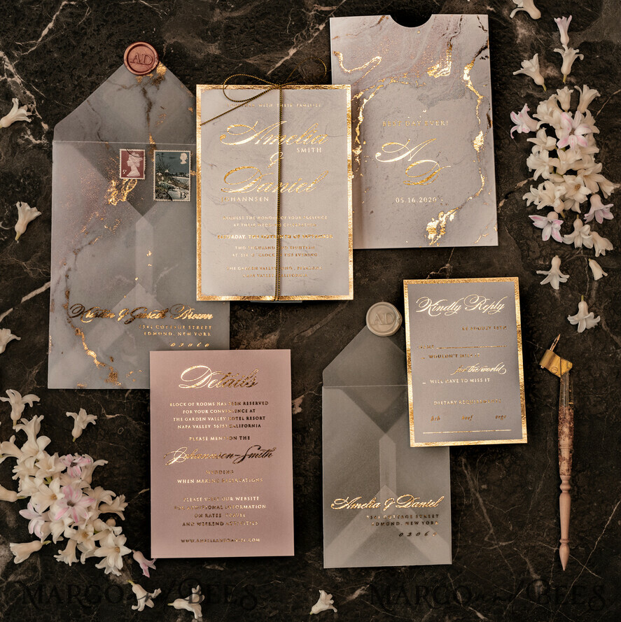 SAMPLING SERVICE samples Gold Marble wedding Invitation Sample, luxury handmade sample set, Gold Foil wedding invitation, pocket marble gold invites sample set