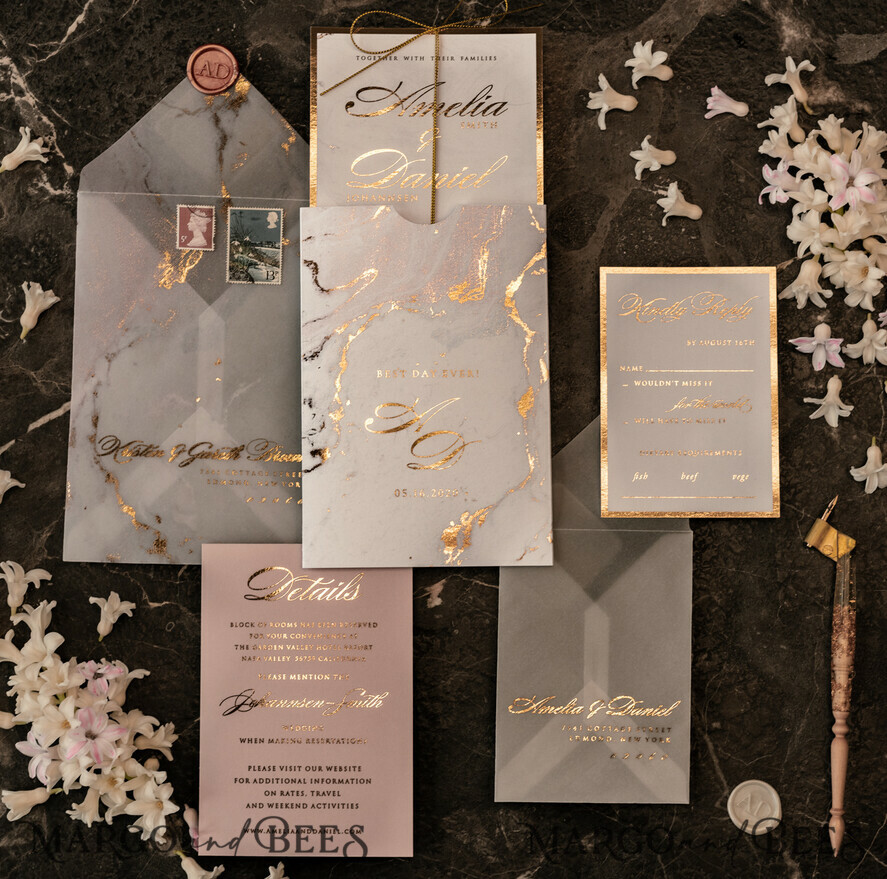SAMPLING SERVICE samples Gold Marble wedding Invitation Sample, luxury handmade sample set, Gold Foil wedding invitation, pocket marble gold invites sample set