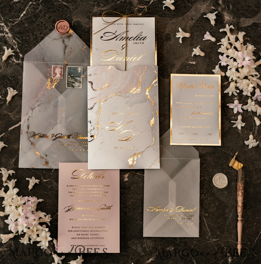 SAMPLING SERVICE samples Gold Marble wedding Invitation Sample, luxury handmade sample set, Gold Foil wedding invitation, pocket marble gold invites sample set