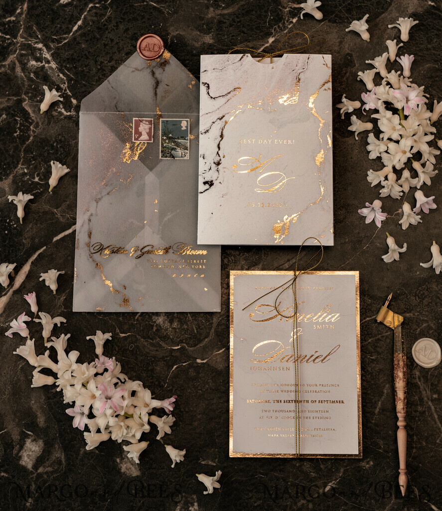 SAMPLING SERVICE samples Gold Marble wedding Invitation Sample, luxury handmade sample set, Gold Foil wedding invitation, pocket marble gold invites sample set
