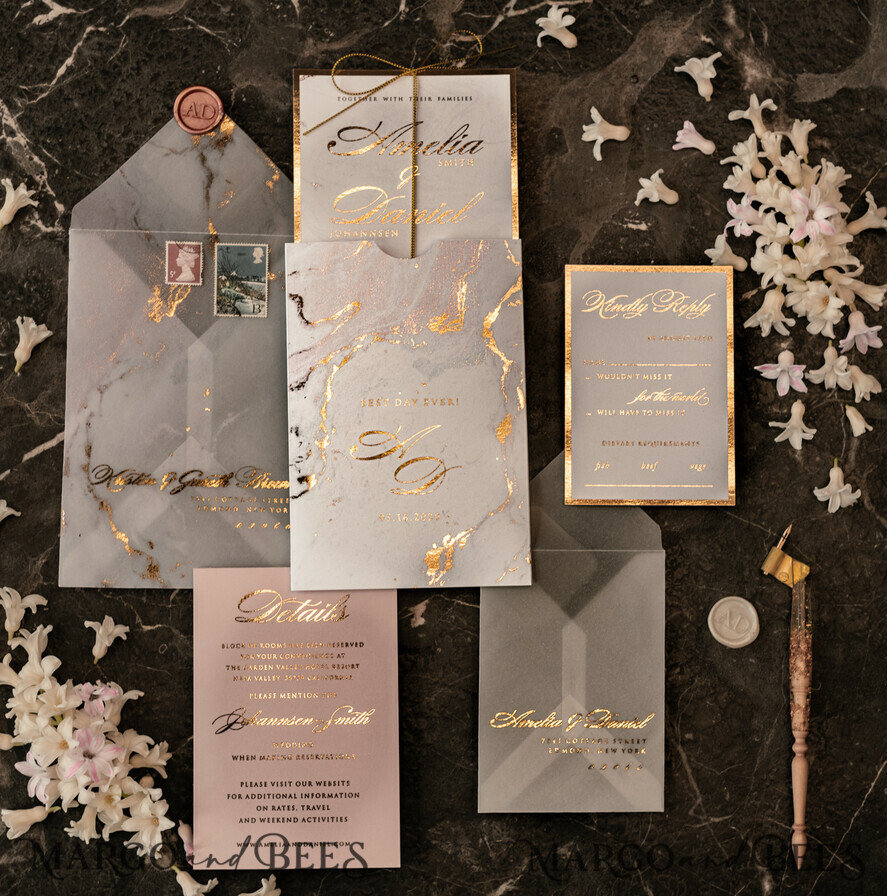 SAMPLING SERVICE samples Gold Marble wedding Invitation Sample, luxury handmade sample set, Gold Foil wedding invitation, pocket marble gold invites sample set