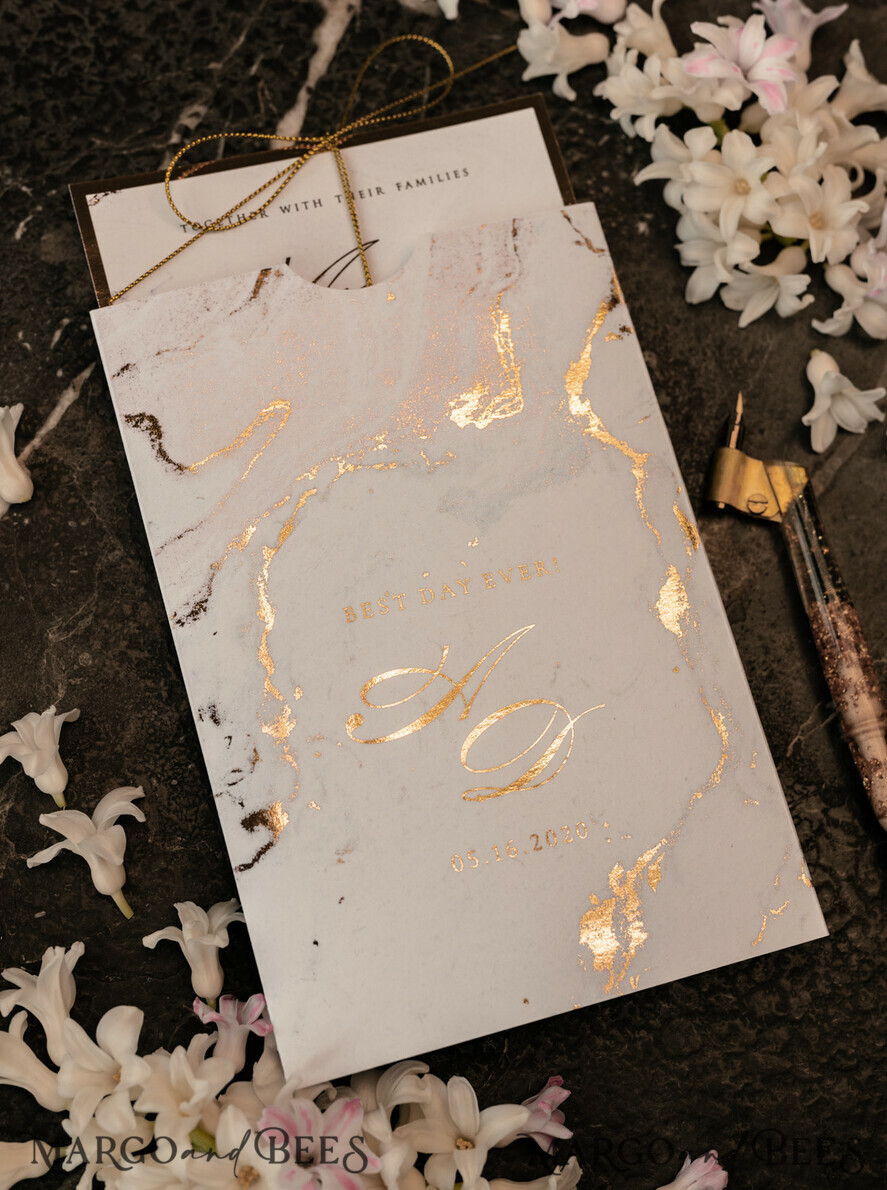 SAMPLING SERVICE samples Gold Marble wedding Invitation Sample, luxury handmade sample set, Gold Foil wedding invitation, pocket marble gold invites sample set