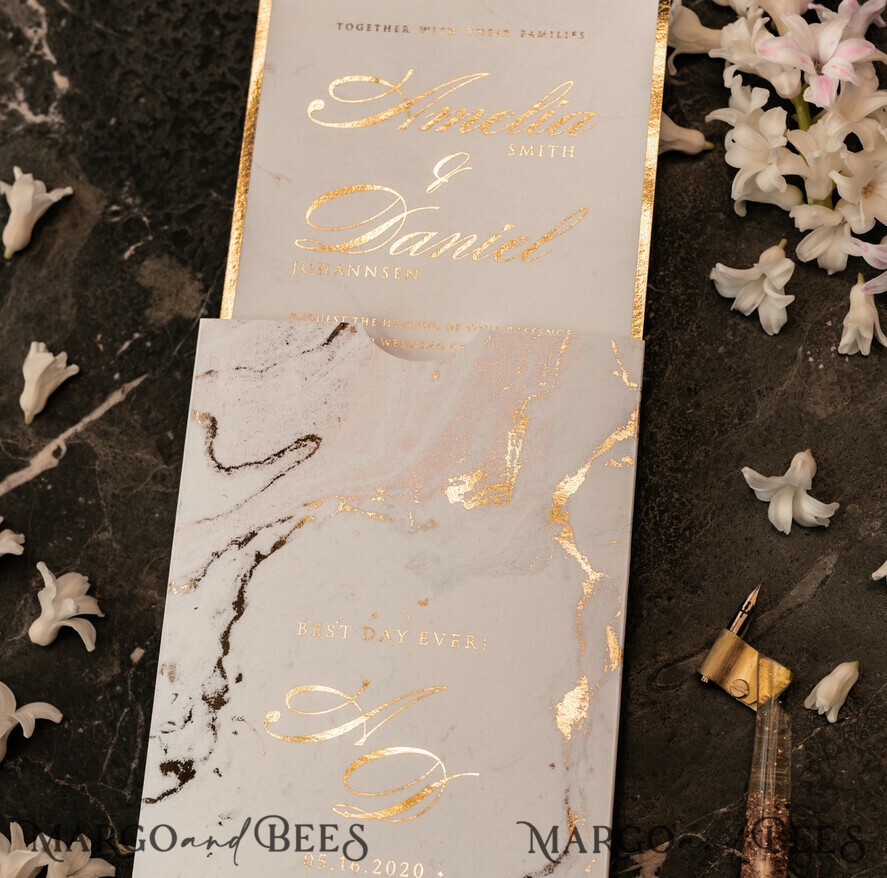 SAMPLING SERVICE samples Gold Marble wedding Invitation Sample, luxury handmade sample set, Gold Foil wedding invitation, pocket marble gold invites sample set