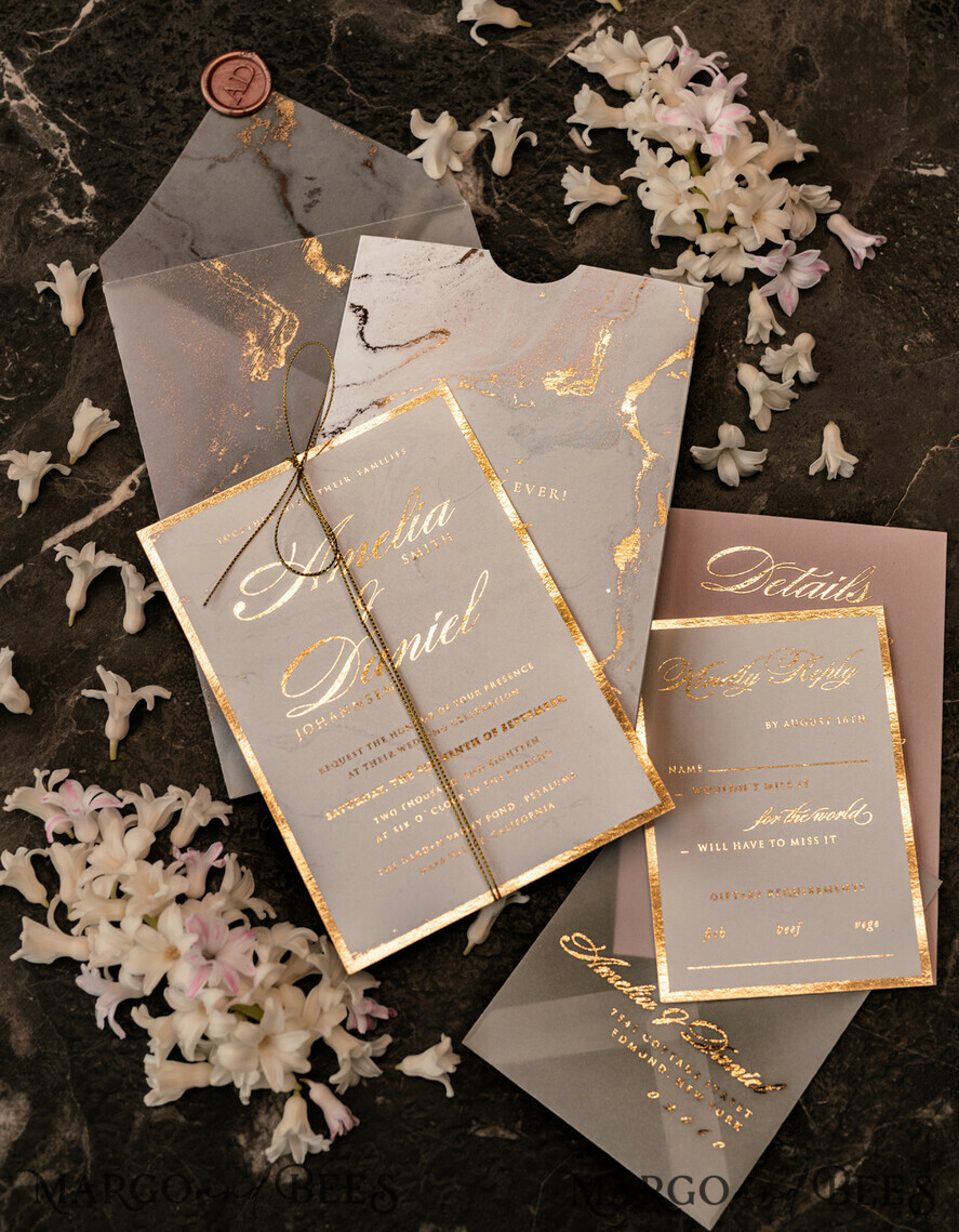 SAMPLING SERVICE samples Gold Marble wedding Invitation Sample, luxury handmade sample set, Gold Foil wedding invitation, pocket marble gold invites sample set
