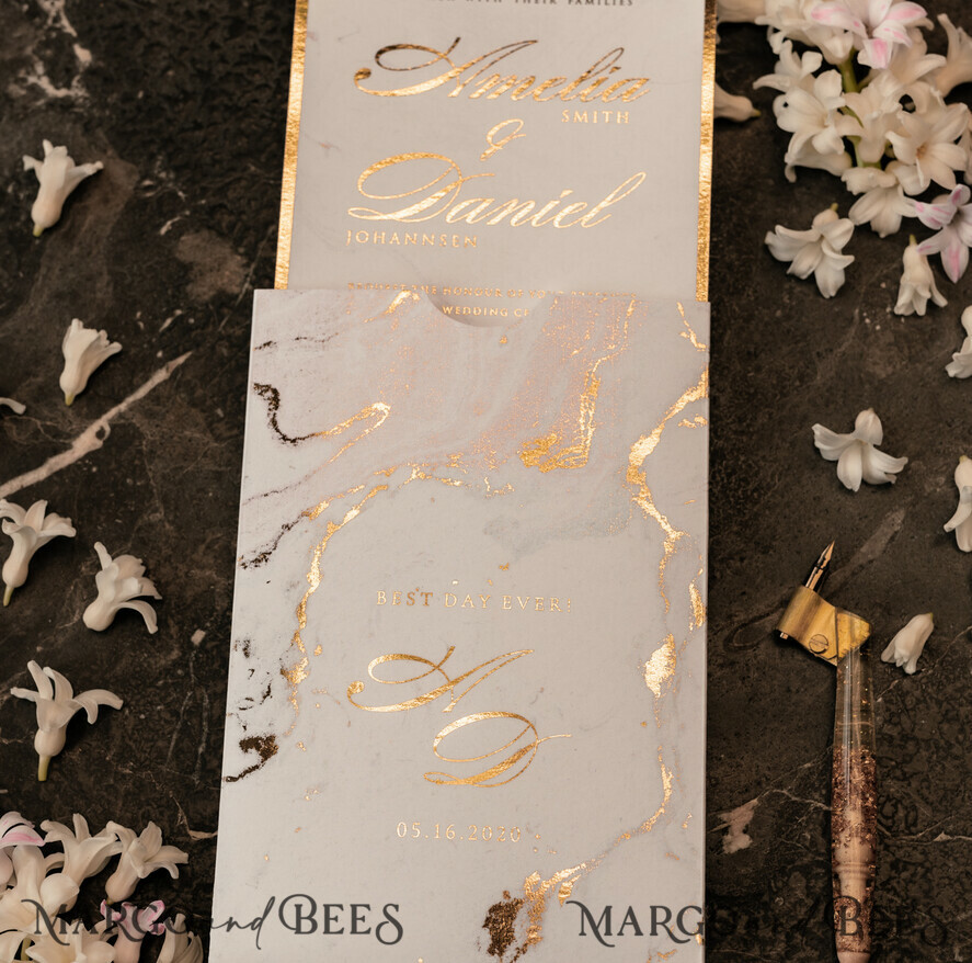 SAMPLING SERVICE samples Gold Marble wedding Invitation Sample, luxury handmade sample set, Gold Foil wedding invitation, pocket marble gold invites sample set