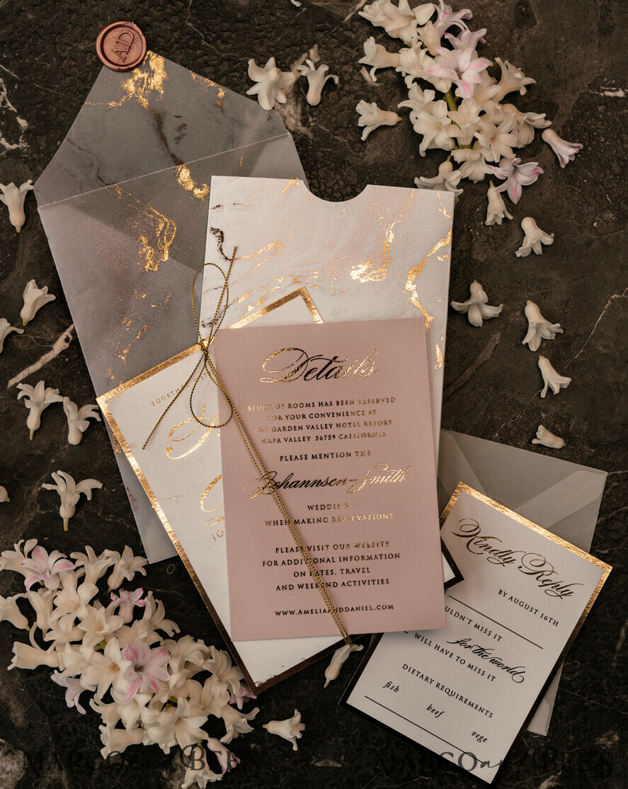 SAMPLING SERVICE samples Gold Marble wedding Invitation Sample, luxury handmade sample set, Gold Foil wedding invitation, pocket marble gold invites sample set