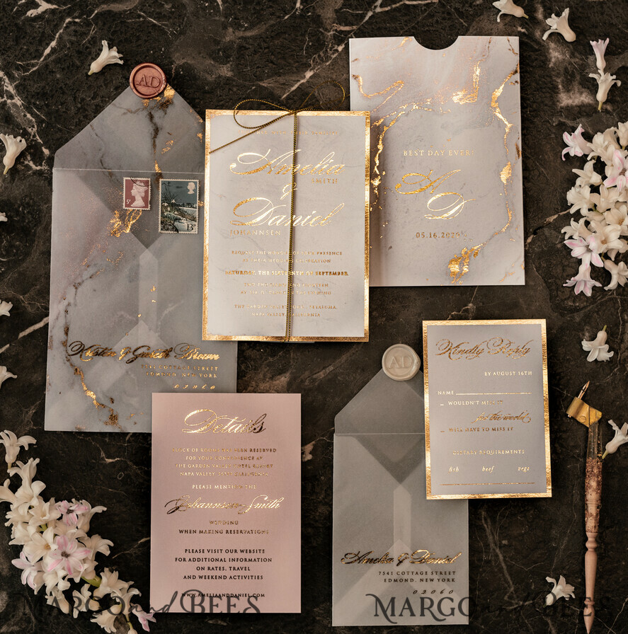 SAMPLING SERVICE samples Gold Marble wedding Invitation Sample, luxury handmade sample set, Gold Foil wedding invitation, pocket marble gold invites sample set