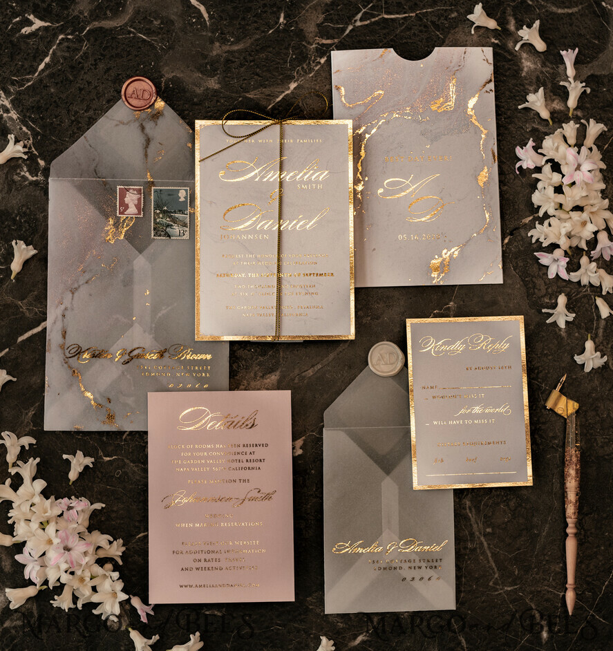 SAMPLING SERVICE samples Gold Marble wedding Invitation Sample, luxury handmade sample set, Gold Foil wedding invitation, pocket marble gold invites sample set