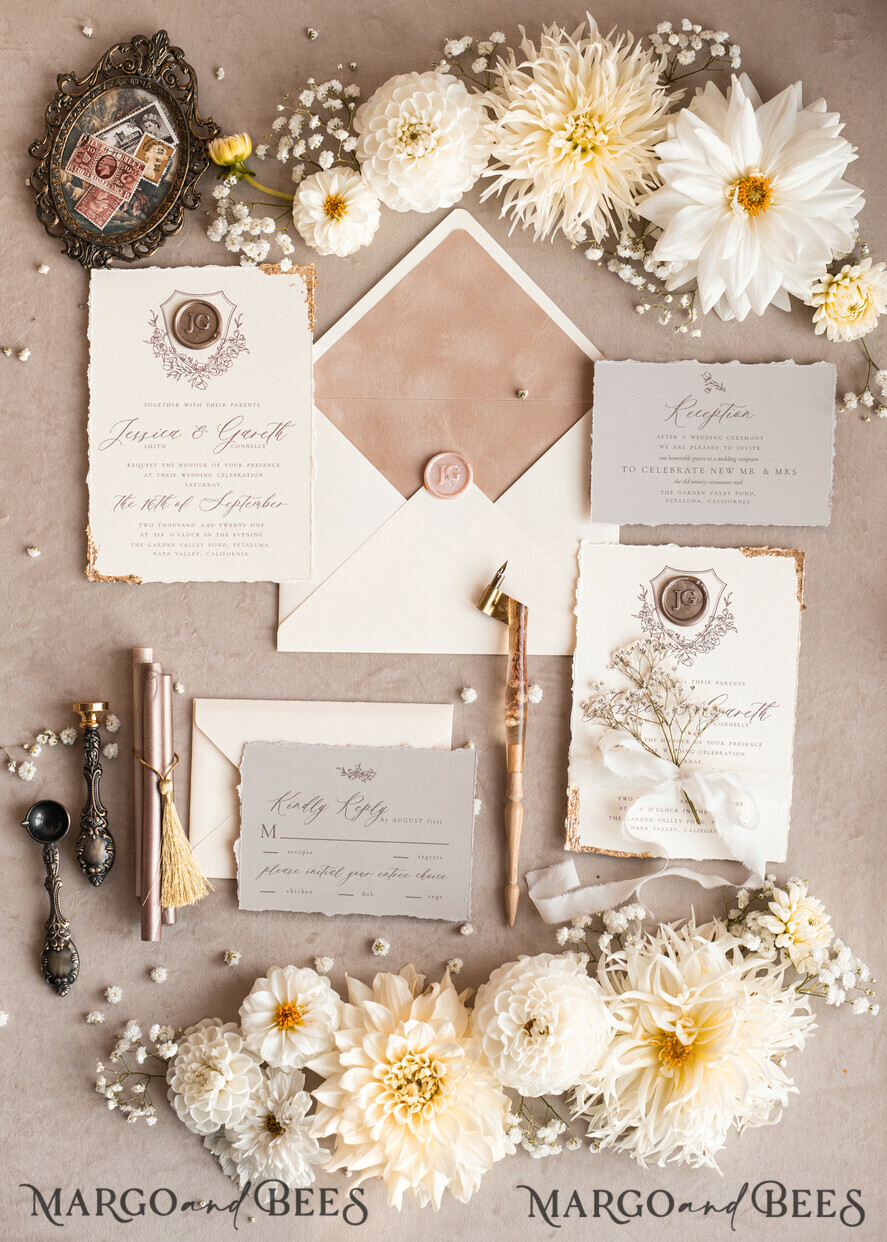 SAMPLING SERVICE samples Ivory Deckled Edge wedding Invitation Sample, handmade sample set, wax seal emblem wedding invitation, romantic beige velvet invitation sample set