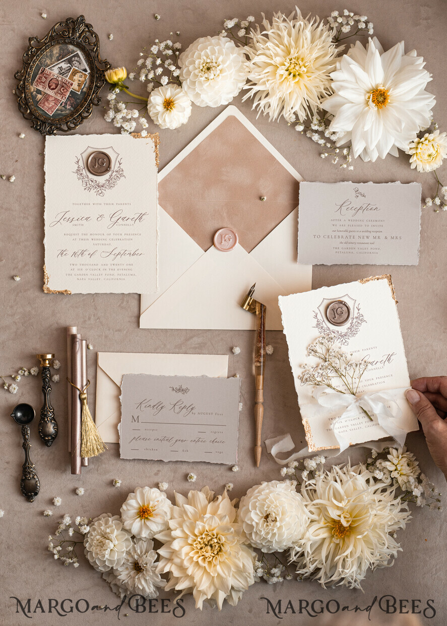 SAMPLING SERVICE samples Ivory Deckled Edge wedding Invitation Sample, handmade sample set, wax seal emblem wedding invitation, romantic beige velvet invitation sample set