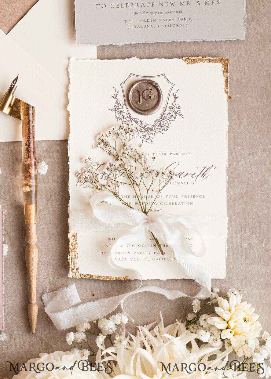 SAMPLING SERVICE samples Ivory Deckled Edge wedding Invitation Sample, handmade sample set, wax seal emblem wedding invitation, romantic beige velvet invitation sample set