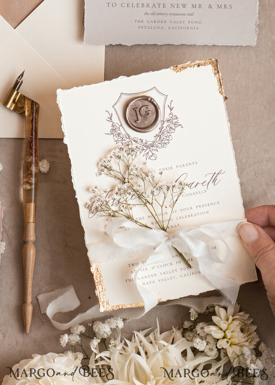 SAMPLING SERVICE samples Ivory Deckled Edge wedding Invitation Sample, handmade sample set, wax seal emblem wedding invitation, romantic beige velvet invitation sample set