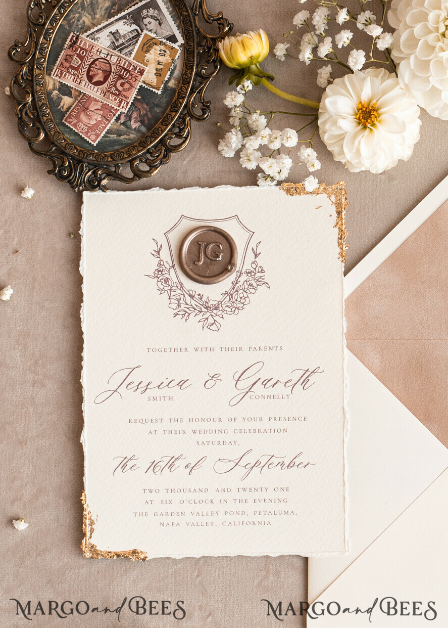 SAMPLING SERVICE samples Ivory Deckled Edge wedding Invitation Sample, handmade sample set, wax seal emblem wedding invitation, romantic beige velvet invitation sample set
