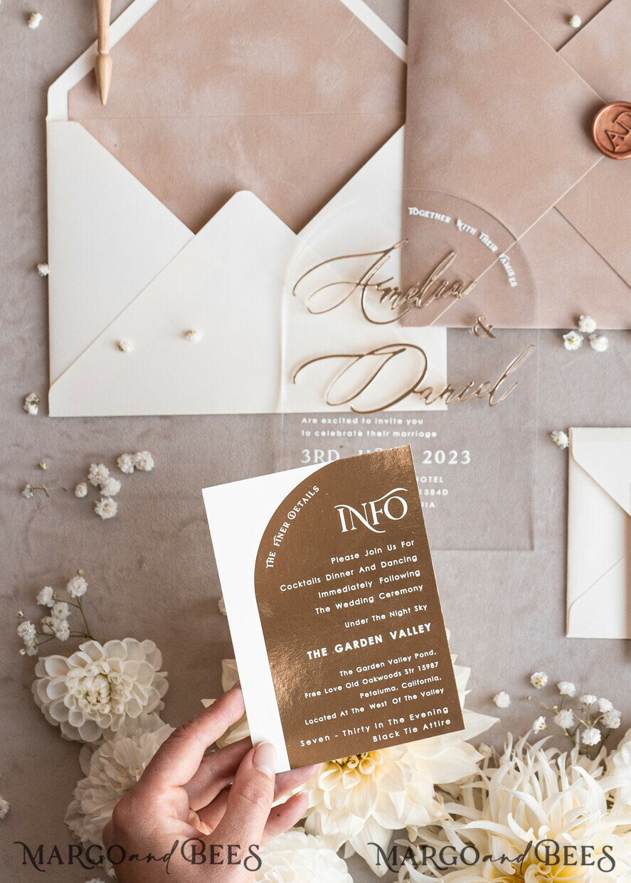 SAMPLING SERVICE samples Ivory and Beige wedding Invitation Sample, handmade sample set, Beige Velvet and Gold Foil wedding invitation, clear acryl gold invites sample set
