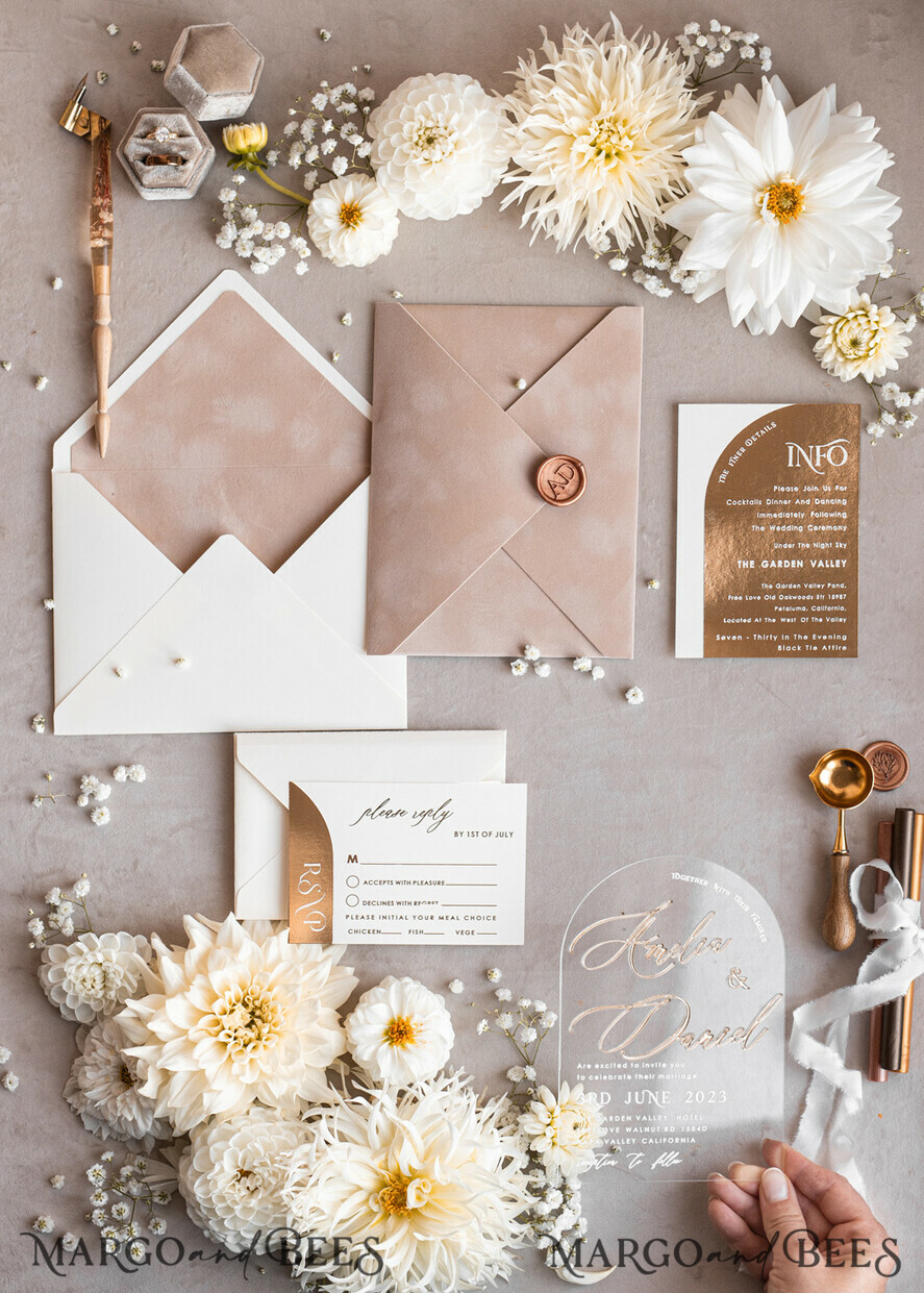 SAMPLING SERVICE samples Ivory and Beige wedding Invitation Sample, handmade sample set, Beige Velvet and Gold Foil wedding invitation, clear acryl gold invites sample set