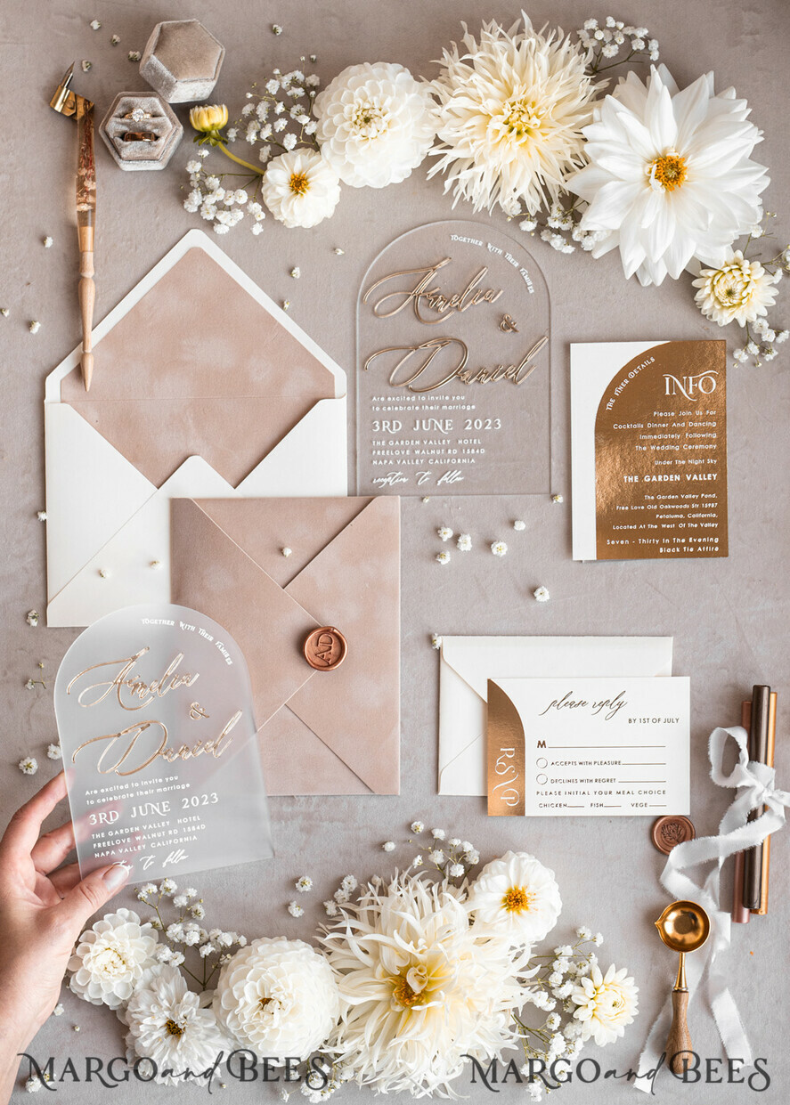 SAMPLING SERVICE samples Ivory and Beige wedding Invitation Sample, handmade sample set, Beige Velvet and Gold Foil wedding invitation, clear acryl gold invites sample set