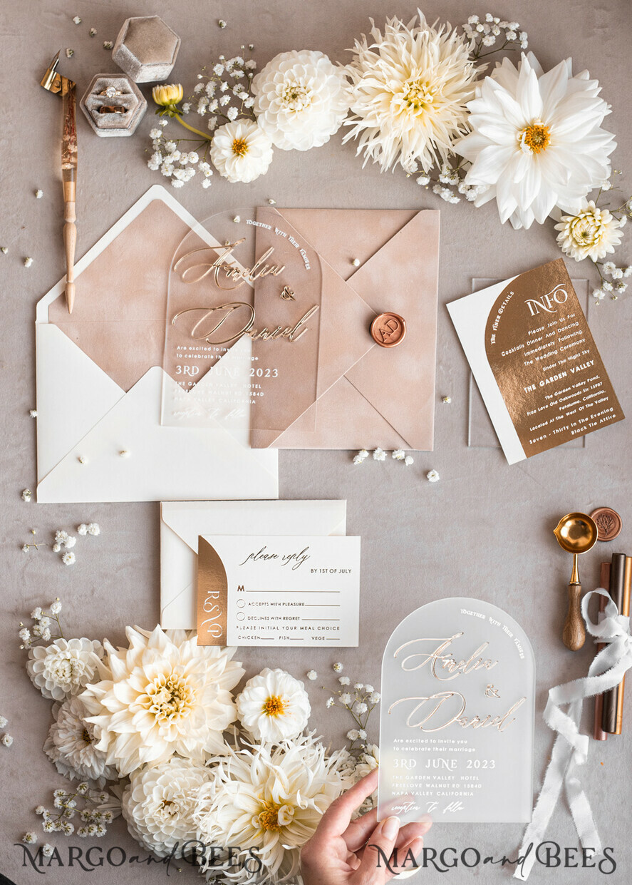 SAMPLING SERVICE samples Ivory and Beige wedding Invitation Sample, handmade sample set, Beige Velvet and Gold Foil wedding invitation, clear acryl gold invites sample set