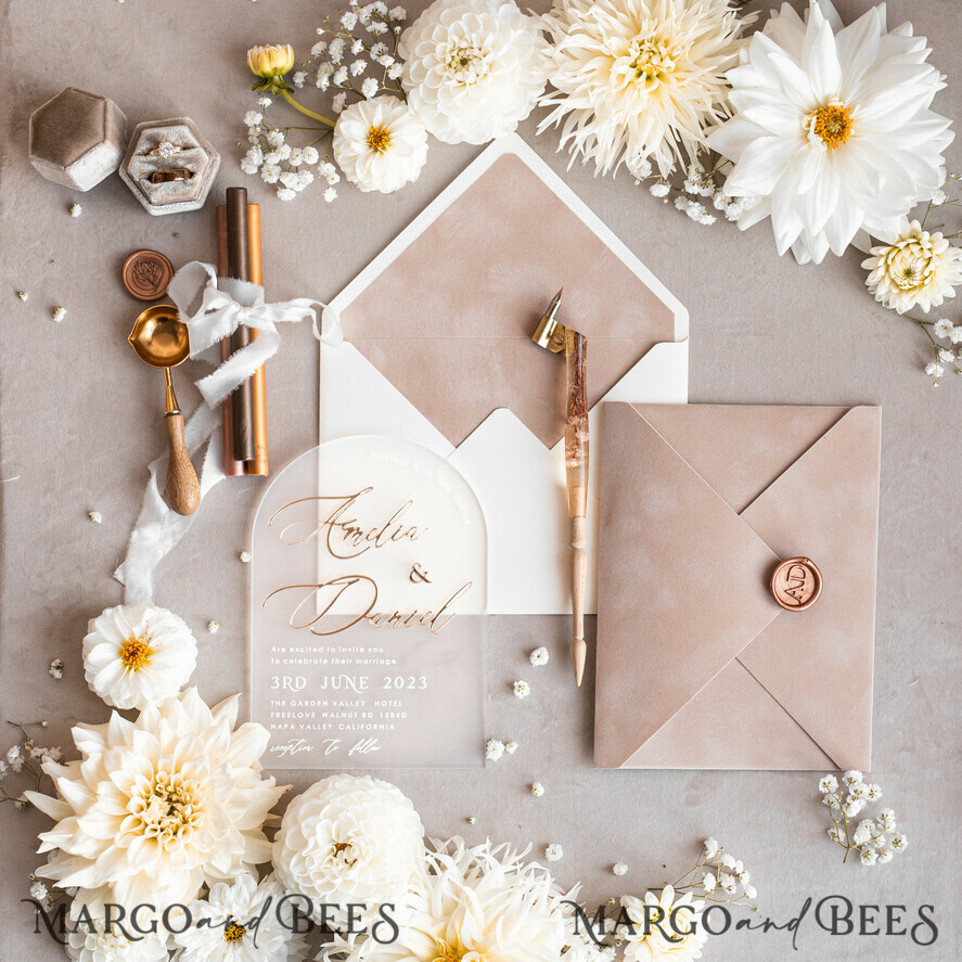 SAMPLING SERVICE samples Ivory and Beige wedding Invitation Sample, handmade sample set, Beige Velvet and Gold Foil wedding invitation, clear acryl gold invites sample set
