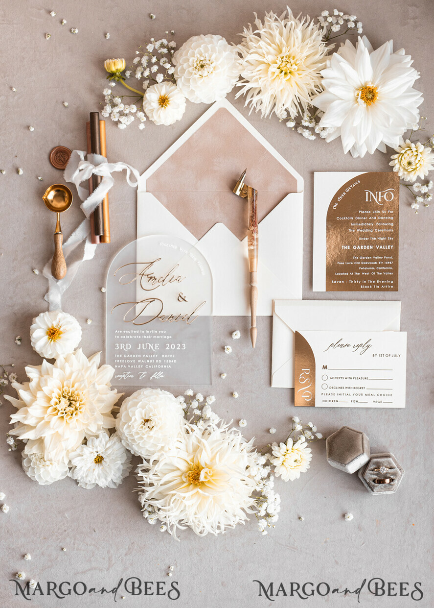 SAMPLING SERVICE samples Ivory and Beige wedding Invitation Sample, handmade sample set, Beige Velvet and Gold Foil wedding invitation, clear acryl gold invites sample set