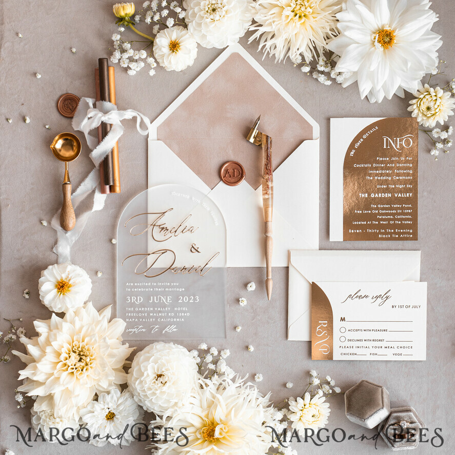 SAMPLING SERVICE samples Ivory and Beige wedding Invitation Sample, handmade sample set, Beige Velvet and Gold Foil wedding invitation, clear acryl gold invites sample set