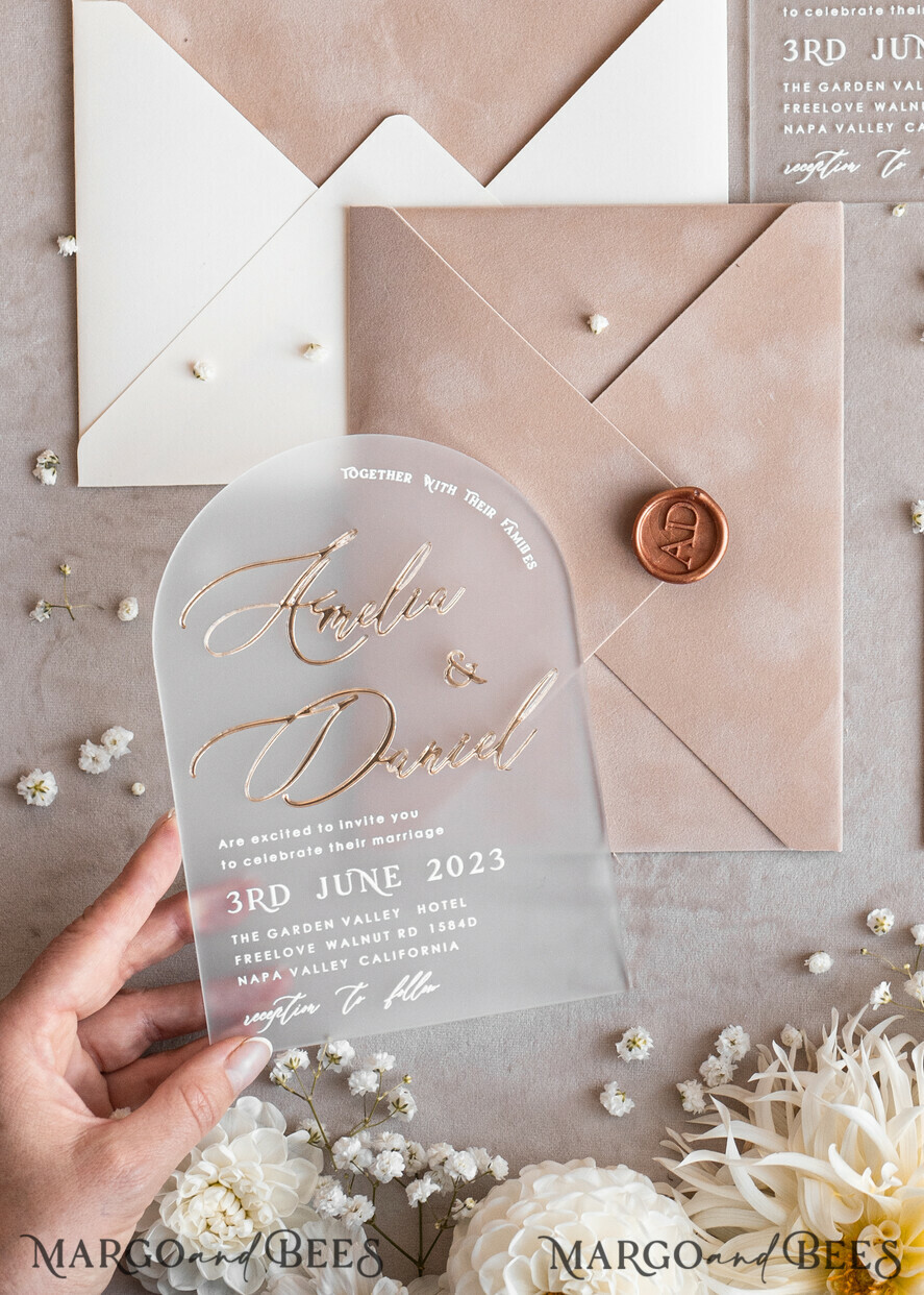 SAMPLING SERVICE samples Ivory and Beige wedding Invitation Sample, handmade sample set, Beige Velvet and Gold Foil wedding invitation, clear acryl gold invites sample set