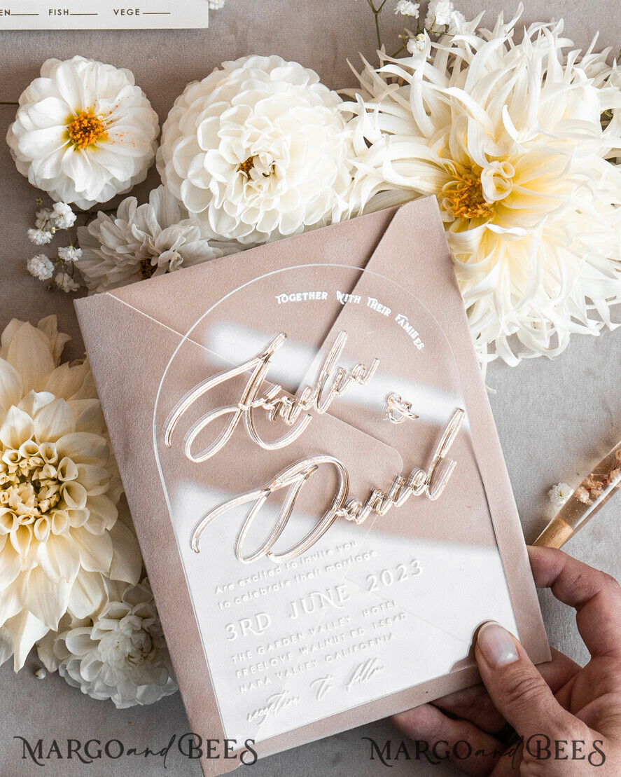SAMPLING SERVICE samples Ivory and Beige wedding Invitation Sample, handmade sample set, Beige Velvet and Gold Foil wedding invitation, clear acryl gold invites sample set
