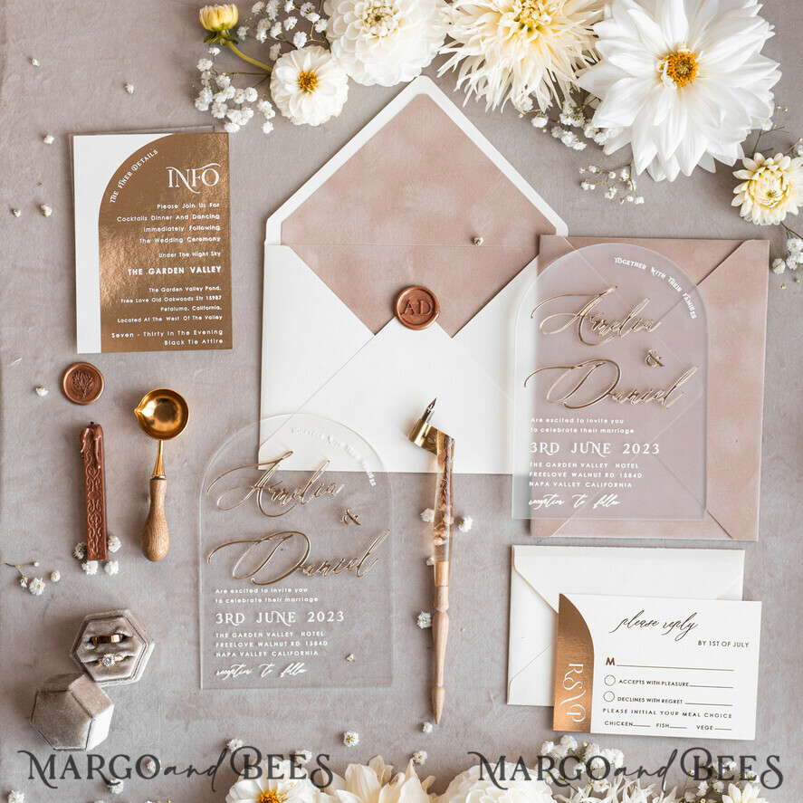 SAMPLING SERVICE samples Ivory and Beige wedding Invitation Sample, handmade sample set, Beige Velvet and Gold Foil wedding invitation, clear acryl gold invites sample set
