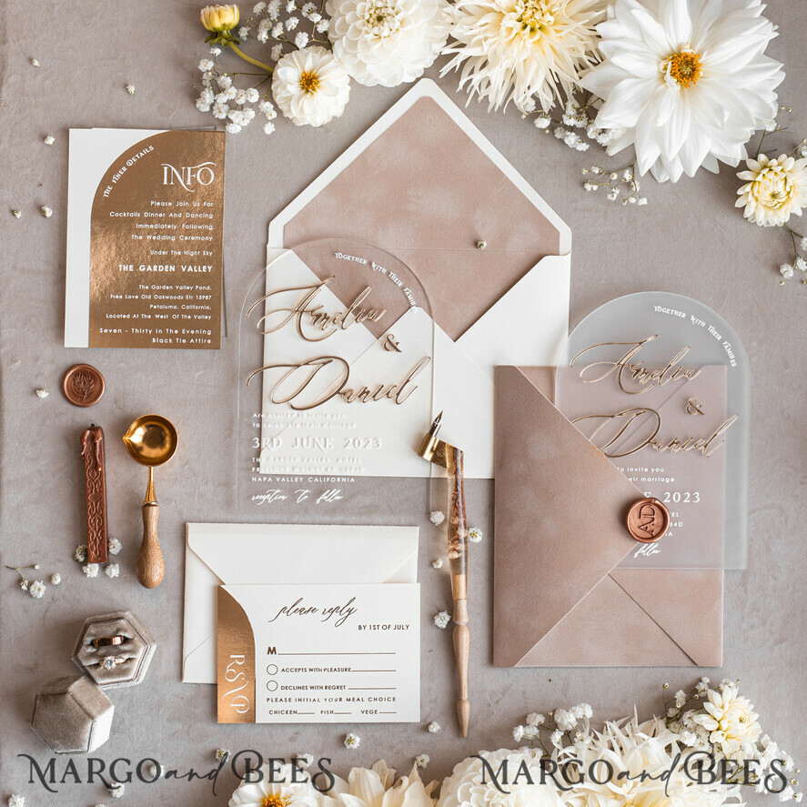 SAMPLING SERVICE samples Ivory and Beige wedding Invitation Sample, handmade sample set, Beige Velvet and Gold Foil wedding invitation, clear acryl gold invites sample set
