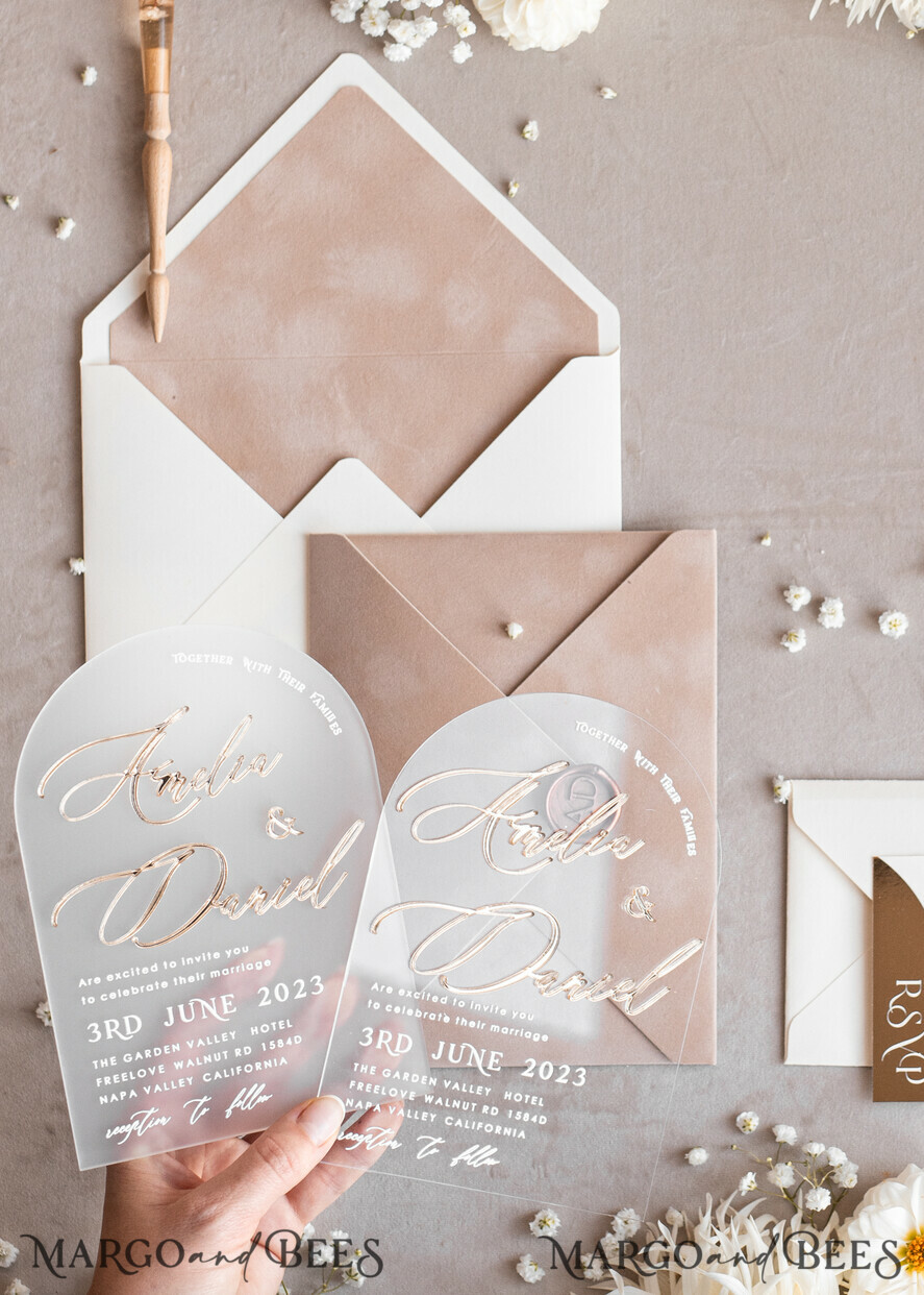 SAMPLING SERVICE samples Ivory and Beige wedding Invitation Sample, handmade sample set, Beige Velvet and Gold Foil wedding invitation, clear acryl gold invites sample set