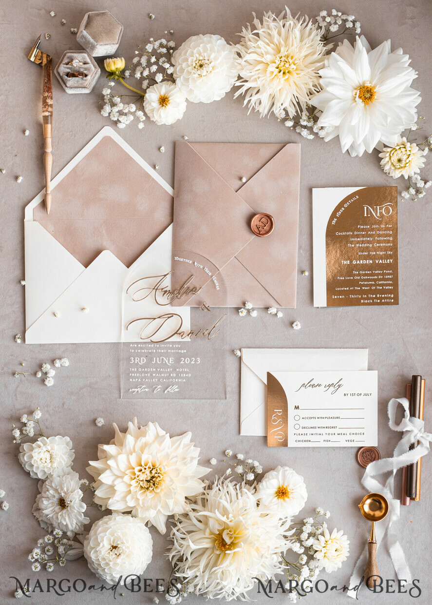 SAMPLING SERVICE samples Ivory and Beige wedding Invitation Sample, handmade sample set, Beige Velvet and Gold Foil wedding invitation, clear acryl gold invites sample set