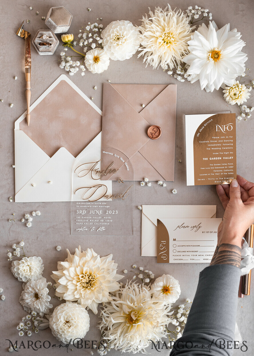 SAMPLING SERVICE samples Ivory and Beige wedding Invitation Sample, handmade sample set, Beige Velvet and Gold Foil wedding invitation, clear acryl gold invites sample set