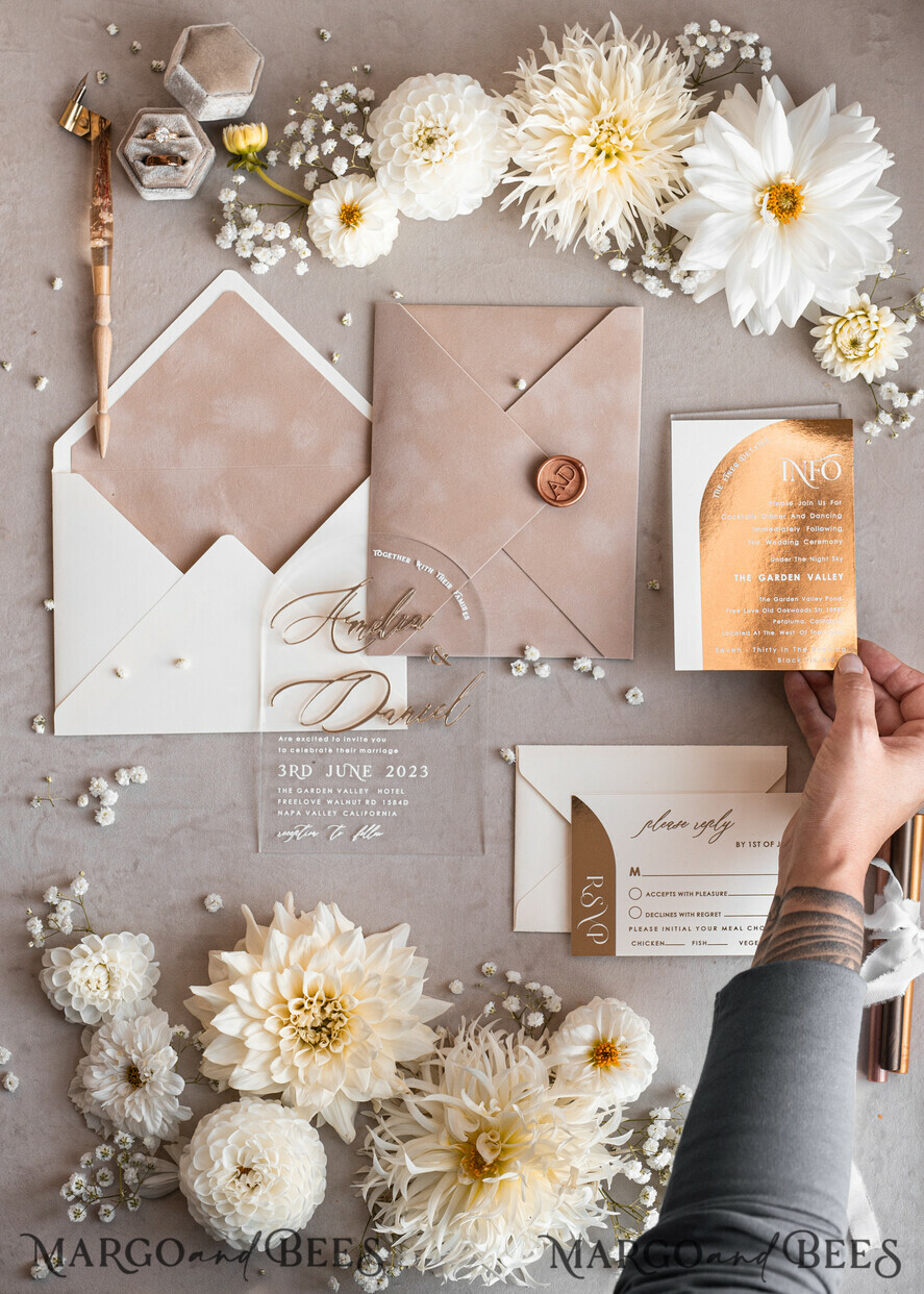 SAMPLING SERVICE samples Ivory and Beige wedding Invitation Sample, handmade sample set, Beige Velvet and Gold Foil wedding invitation, clear acryl gold invites sample set