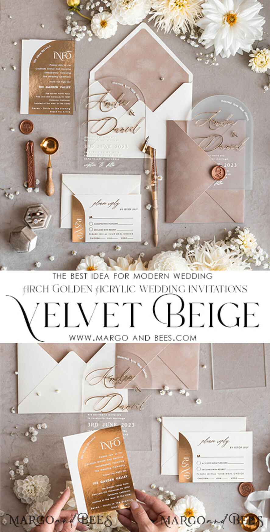 SAMPLING SERVICE samples Ivory and Beige wedding Invitation Sample, handmade sample set, Beige Velvet and Gold Foil wedding invitation, clear acryl gold invites sample set