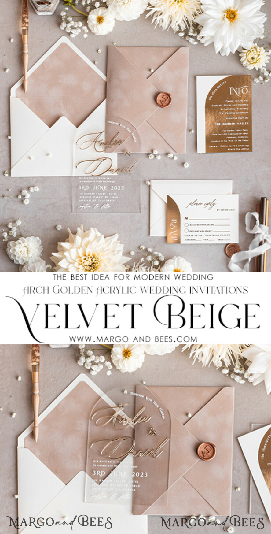 SAMPLING SERVICE samples Ivory and Beige wedding Invitation Sample, handmade sample set, Beige Velvet and Gold Foil wedding invitation, clear acryl gold invites sample set
