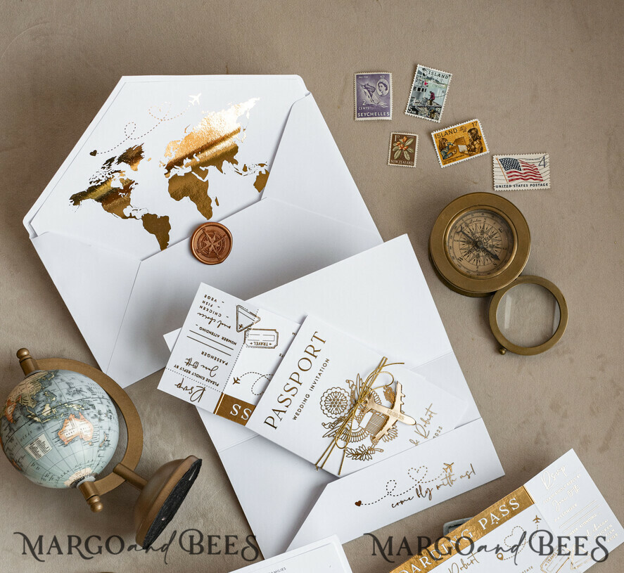 SAMPLING SERVICE samples Sample, bespoke sample set Gold White Passport Wedding Invitation, Golden Wedding Cards Boarding Pass, Bespoke Travel Passport Wedding Invitations Abroad, Destination Greece Wedding Invites, Travel Map Wedding Stationary, World map