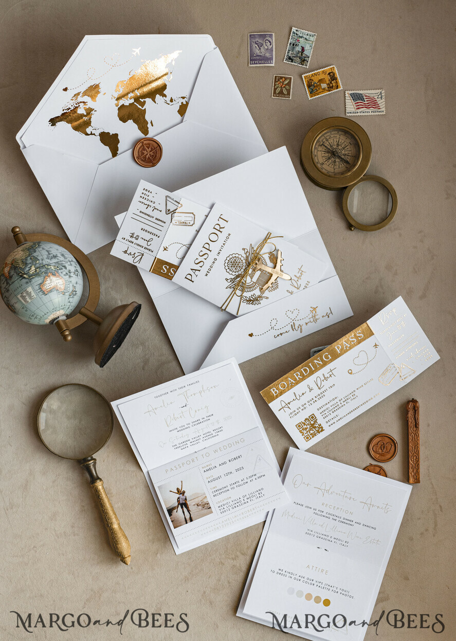 SAMPLING SERVICE samples Sample, bespoke sample set Gold White Passport Wedding Invitation, Golden Wedding Cards Boarding Pass, Bespoke Travel Passport Wedding Invitations Abroad, Destination Greece Wedding Invites, Travel Map Wedding Stationary, World map
