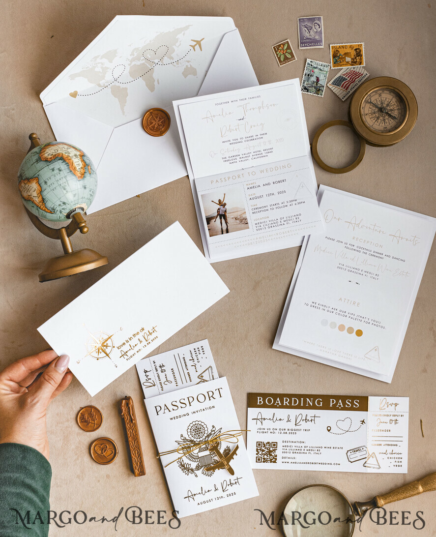 SAMPLING SERVICE samples Sample, bespoke sample set Gold White Passport Wedding Invitation, Golden Wedding Cards Boarding Pass, Bespoke Travel Passport Wedding Invitations Abroad, Destination Greece Wedding Invites, Travel Map Wedding Stationary, World map