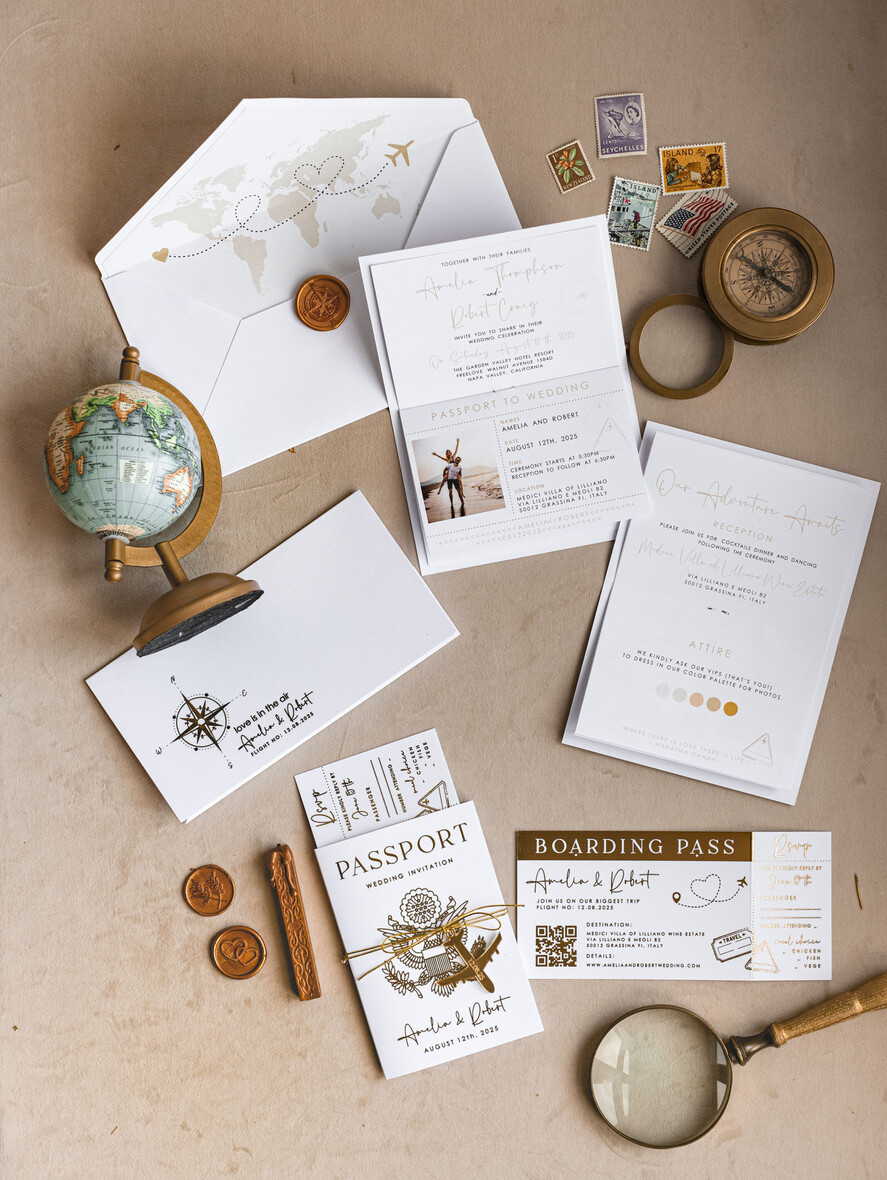 SAMPLING SERVICE samples Sample, bespoke sample set Gold White Passport Wedding Invitation, Golden Wedding Cards Boarding Pass, Bespoke Travel Passport Wedding Invitations Abroad, Destination Greece Wedding Invites, Travel Map Wedding Stationary, World map