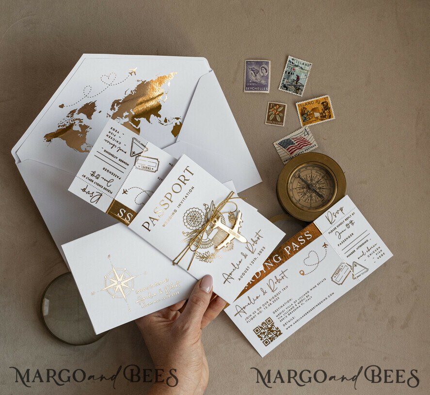 SAMPLING SERVICE samples Sample, bespoke sample set Gold White Passport Wedding Invitation, Golden Wedding Cards Boarding Pass, Bespoke Travel Passport Wedding Invitations Abroad, Destination Greece Wedding Invites, Travel Map Wedding Stationary, World map