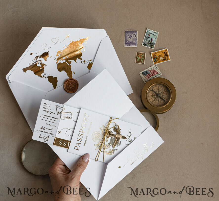 SAMPLING SERVICE samples Sample, bespoke sample set Gold White Passport Wedding Invitation, Golden Wedding Cards Boarding Pass, Bespoke Travel Passport Wedding Invitations Abroad, Destination Greece Wedding Invites, Travel Map Wedding Stationary, World map