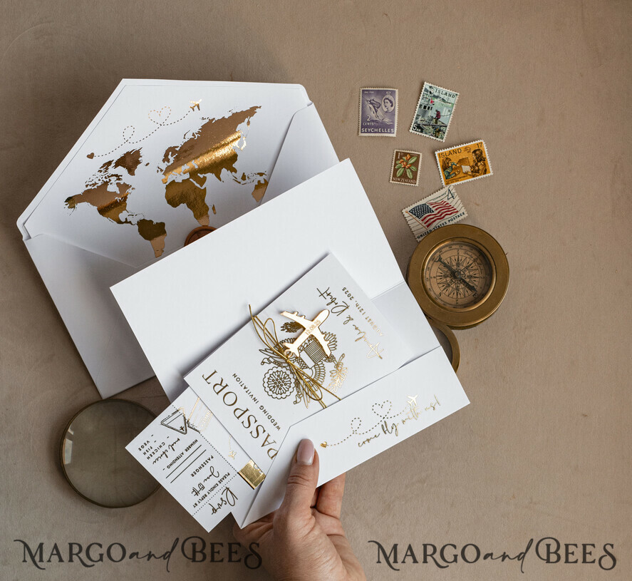 SAMPLING SERVICE samples Sample, bespoke sample set Gold White Passport Wedding Invitation, Golden Wedding Cards Boarding Pass, Bespoke Travel Passport Wedding Invitations Abroad, Destination Greece Wedding Invites, Travel Map Wedding Stationary, World map