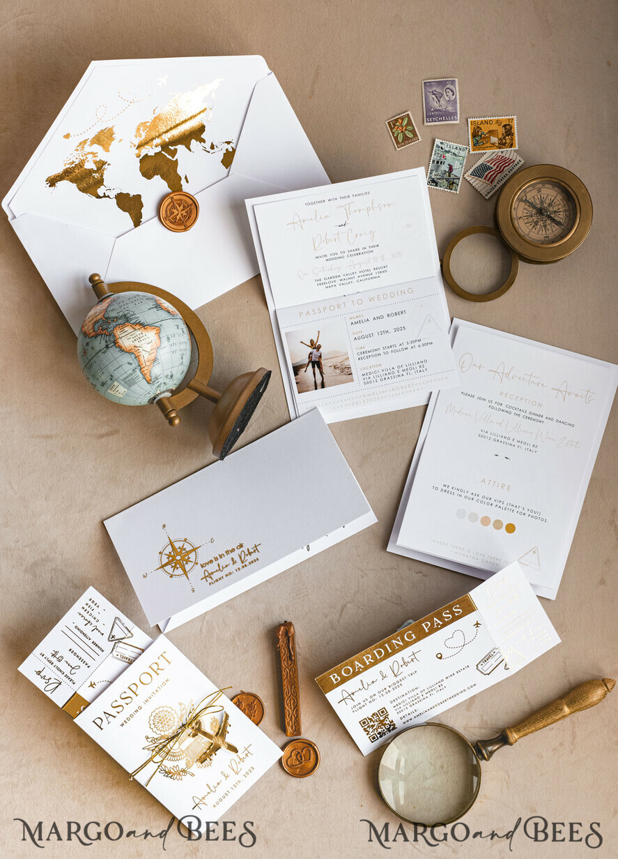 SAMPLING SERVICE samples Sample, bespoke sample set Gold White Passport Wedding Invitation, Golden Wedding Cards Boarding Pass, Bespoke Travel Passport Wedding Invitations Abroad, Destination Greece Wedding Invites, Travel Map Wedding Stationary, World map
