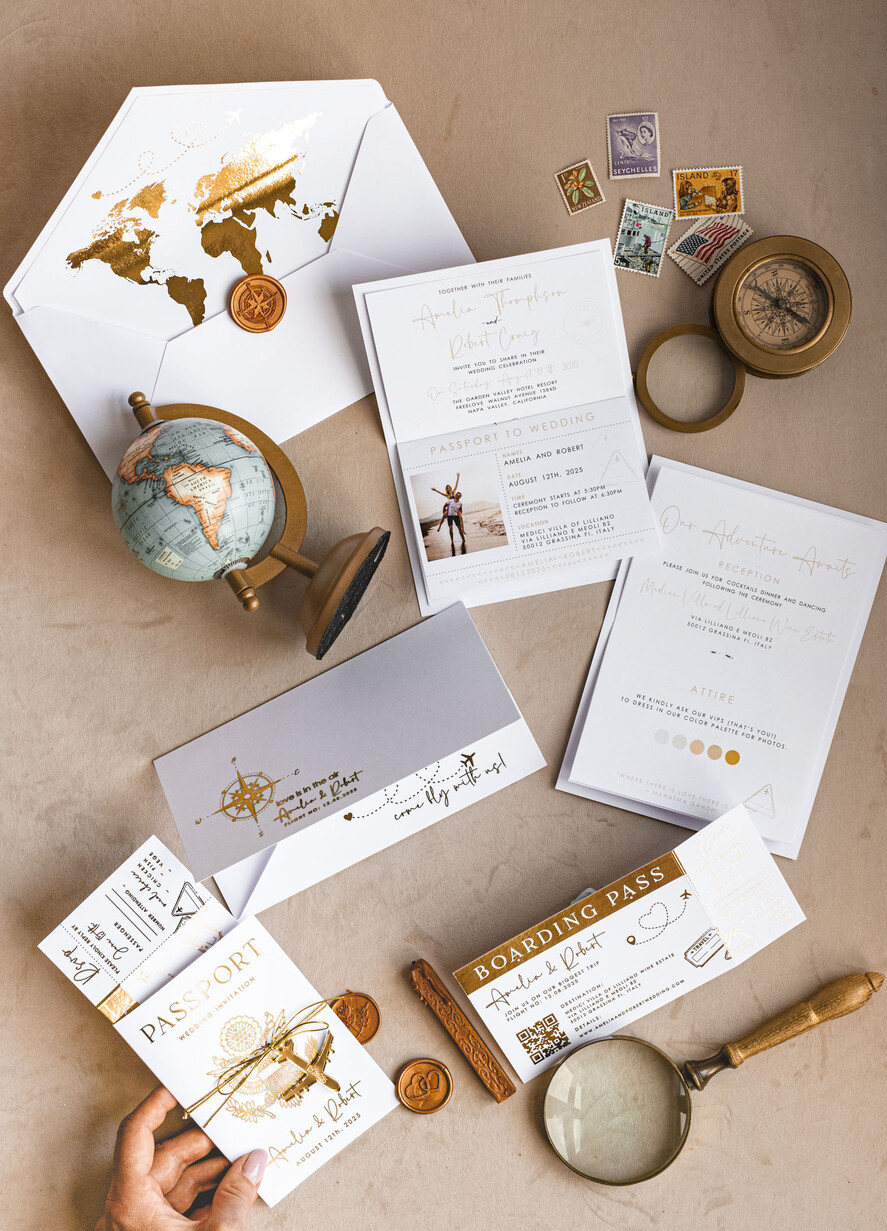 SAMPLING SERVICE samples Sample, bespoke sample set Gold White Passport Wedding Invitation, Golden Wedding Cards Boarding Pass, Bespoke Travel Passport Wedding Invitations Abroad, Destination Greece Wedding Invites, Travel Map Wedding Stationary, World map