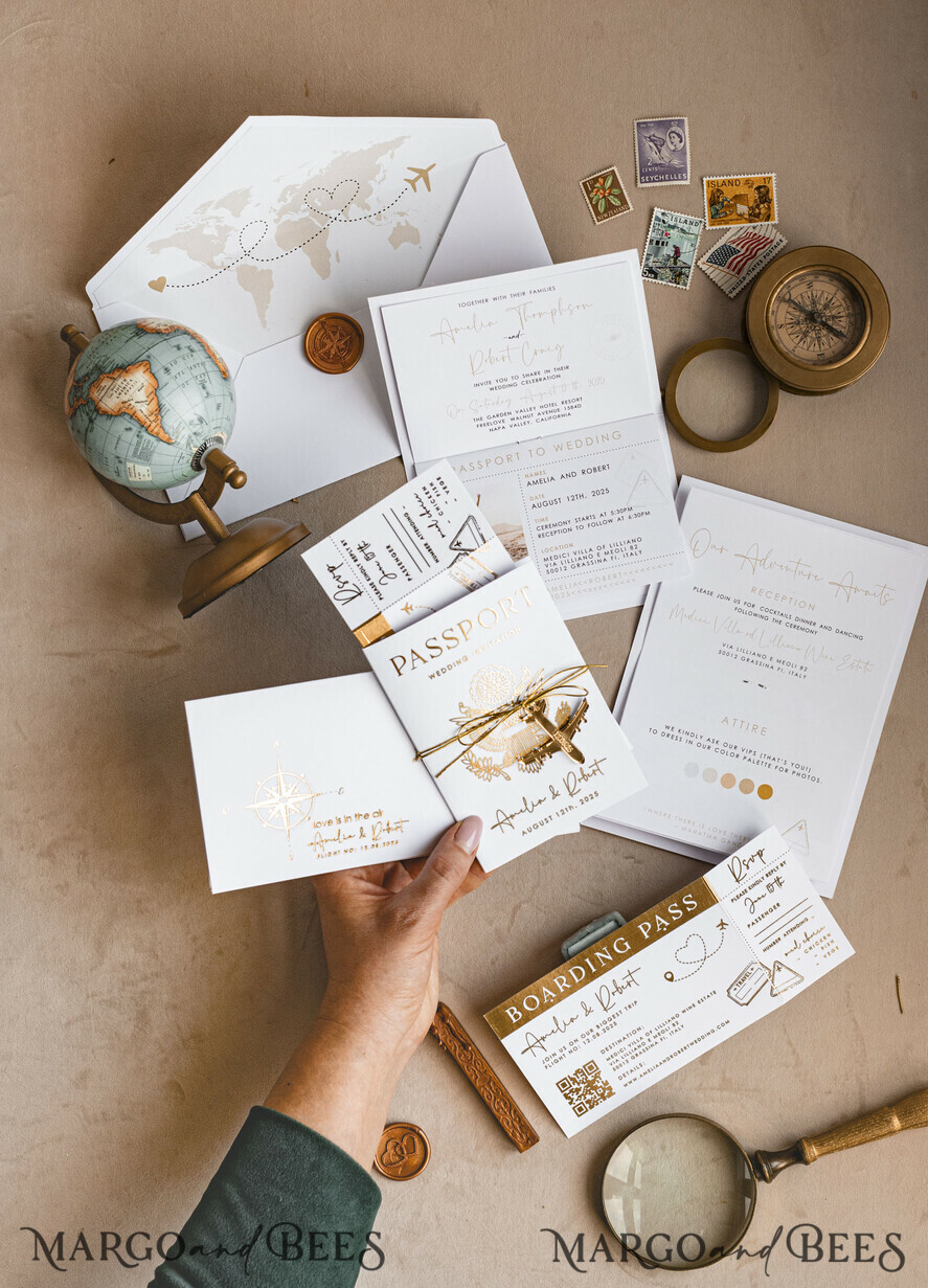 SAMPLING SERVICE samples Sample, bespoke sample set Gold White Passport Wedding Invitation, Golden Wedding Cards Boarding Pass, Bespoke Travel Passport Wedding Invitations Abroad, Destination Greece Wedding Invites, Travel Map Wedding Stationary, World map