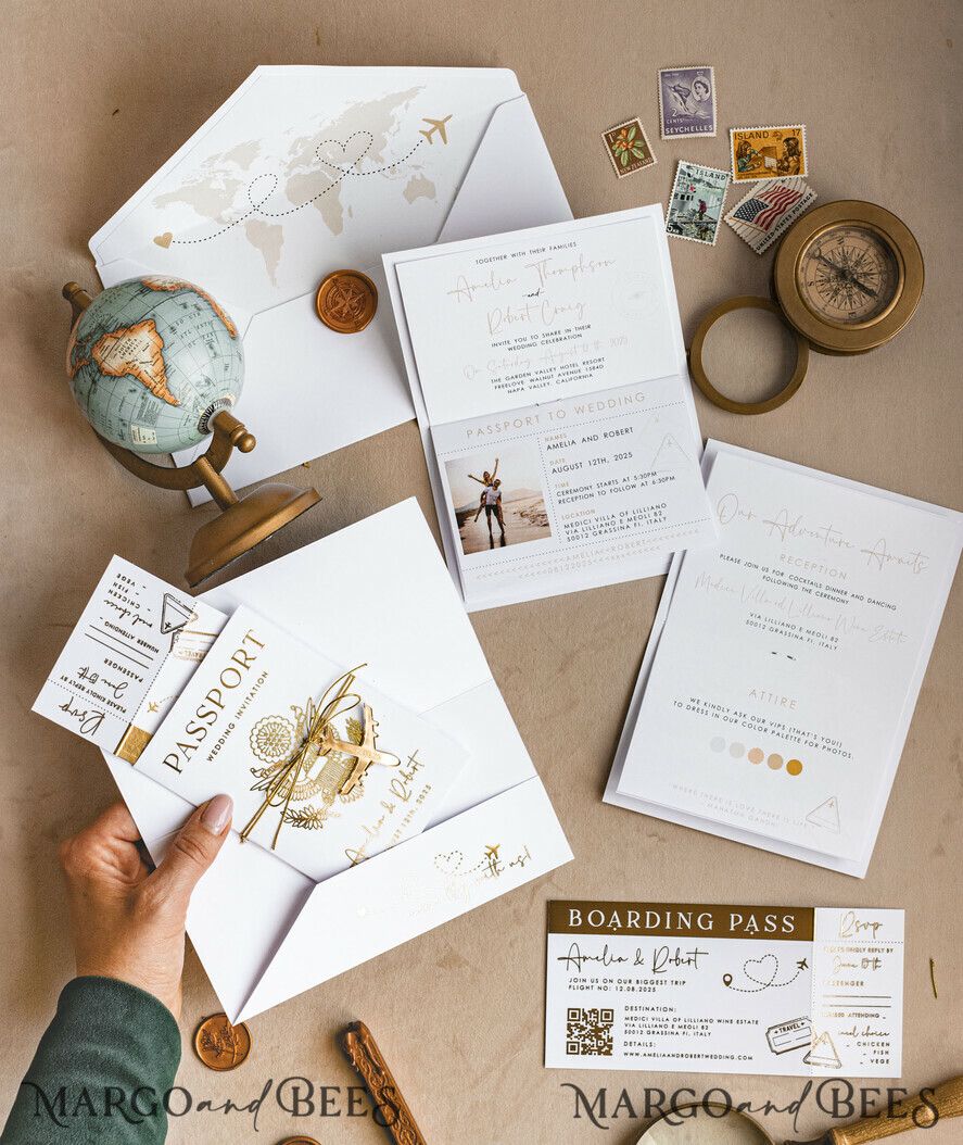 SAMPLING SERVICE samples Sample, bespoke sample set Gold White Passport Wedding Invitation, Golden Wedding Cards Boarding Pass, Bespoke Travel Passport Wedding Invitations Abroad, Destination Greece Wedding Invites, Travel Map Wedding Stationary, World map