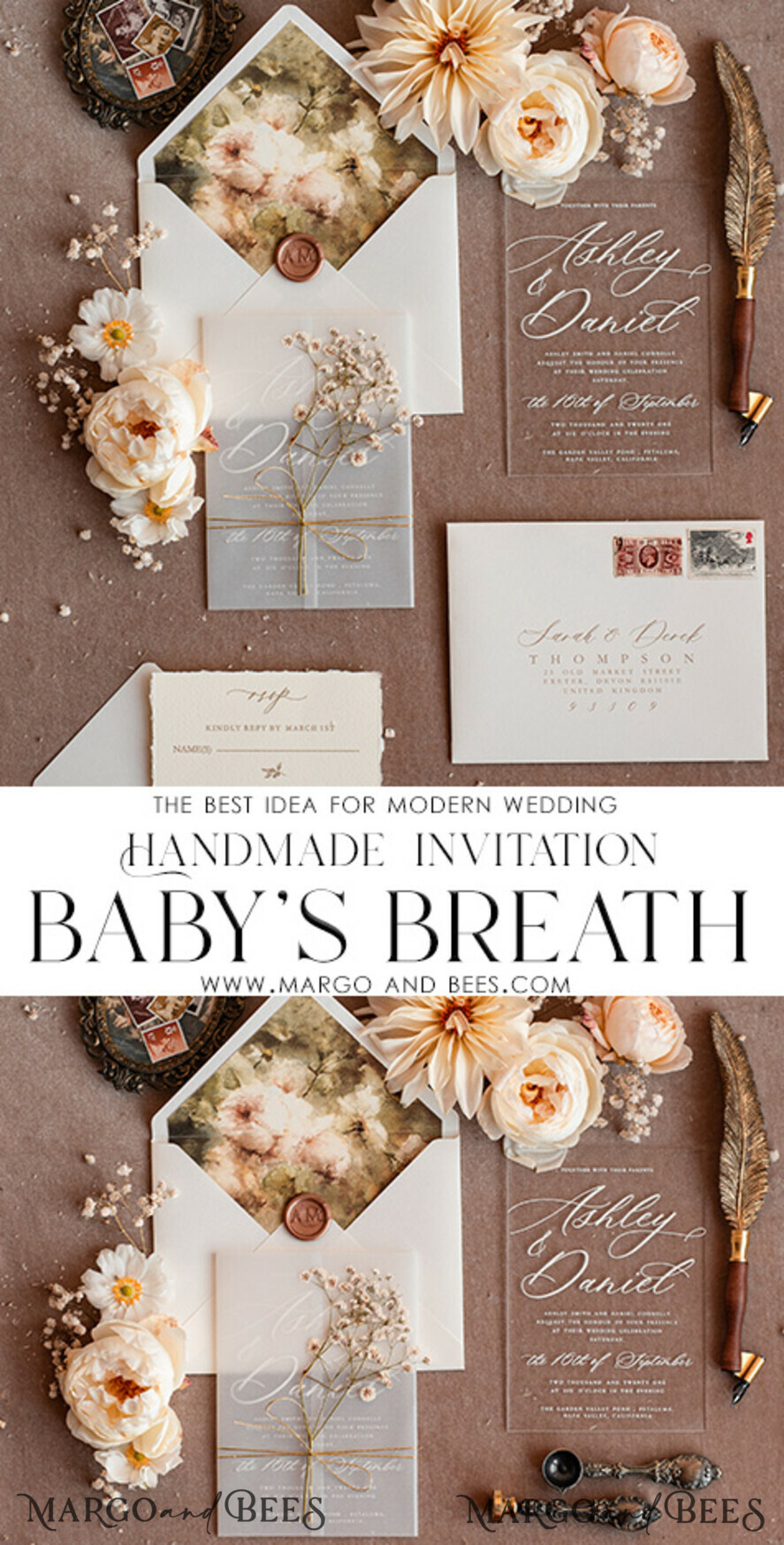 SAMPLING SERVICE samples Rustic wedding Invitation Sample, handmade sample set, Acrylic wedding invitation sample set, Baby Breath invites sample set, clear acryl invites samples
