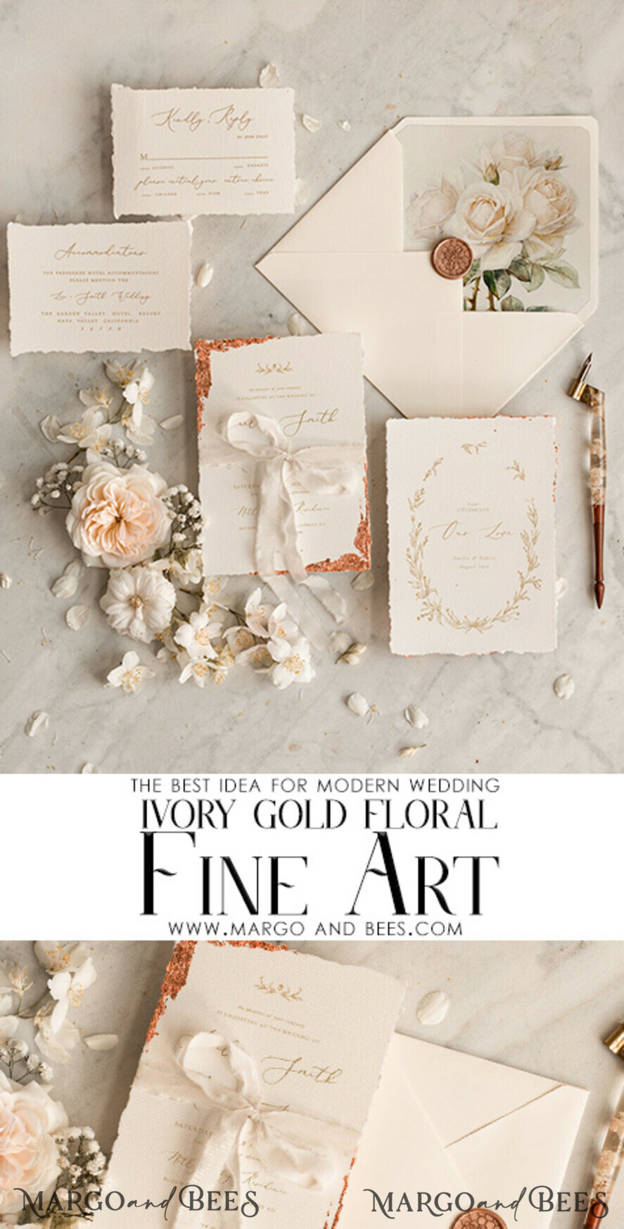 SAMPLING SERVICE samples Fine Art Ivory wedding Invitation Sample, handmade sample set, Ivory Deckled Edge wedding invitation, Golden Edges Invites sample set