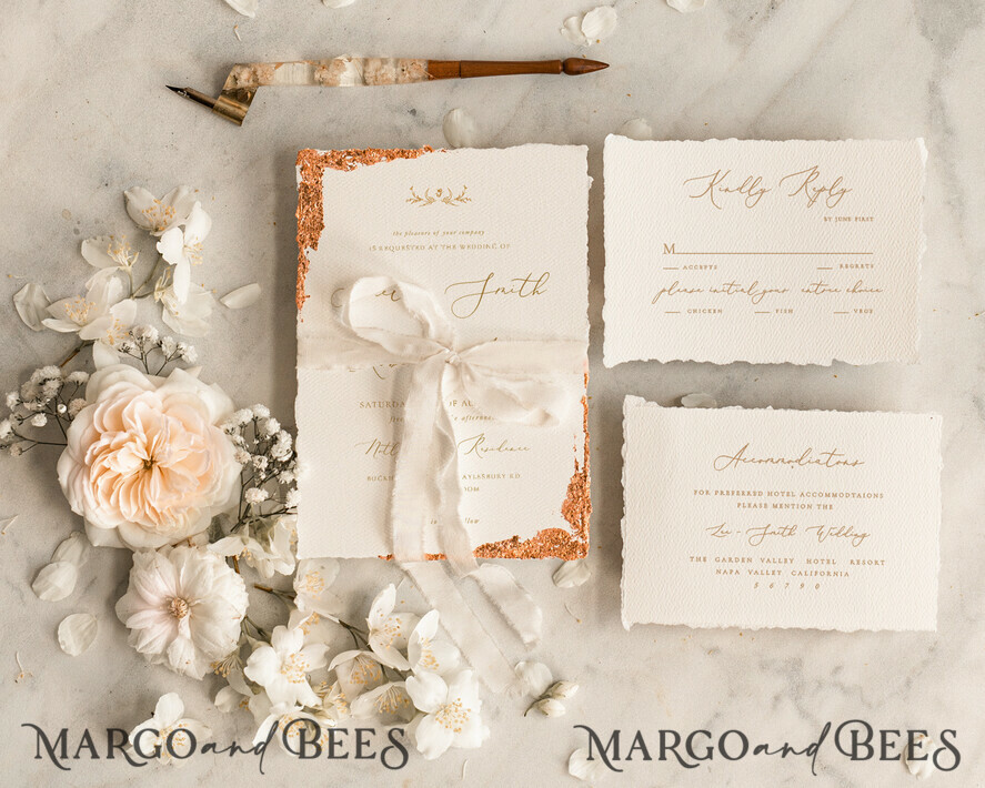 SAMPLING SERVICE samples Fine Art Ivory wedding Invitation Sample, handmade sample set, Ivory Deckled Edge wedding invitation, Golden Edges Invites sample set